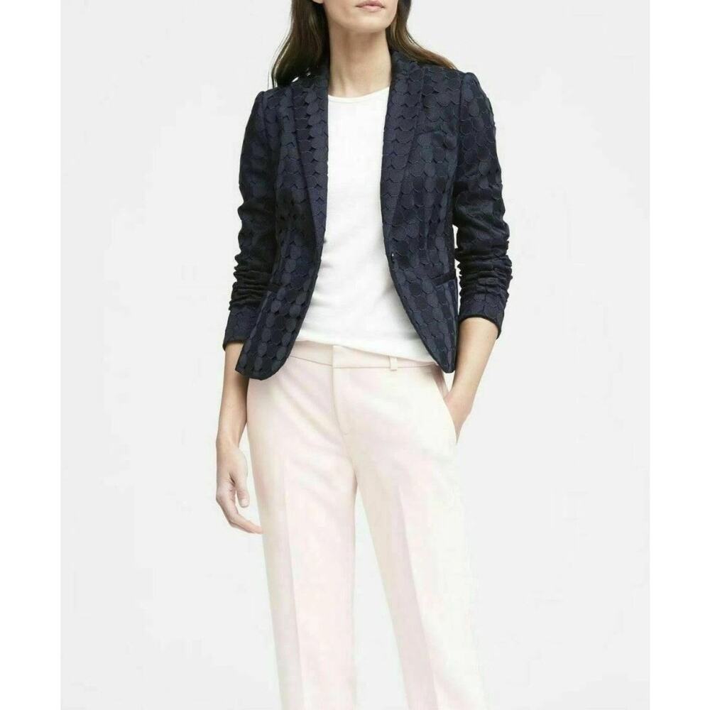 Banana Republic Classic Blazer 2 Navy Blue Polka Dot Eyelet Lace Fitted Jacket